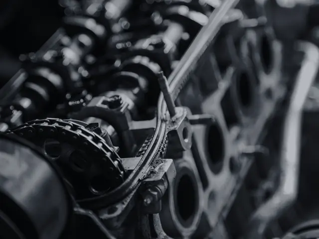 Camshafts and timing chain on an open engine