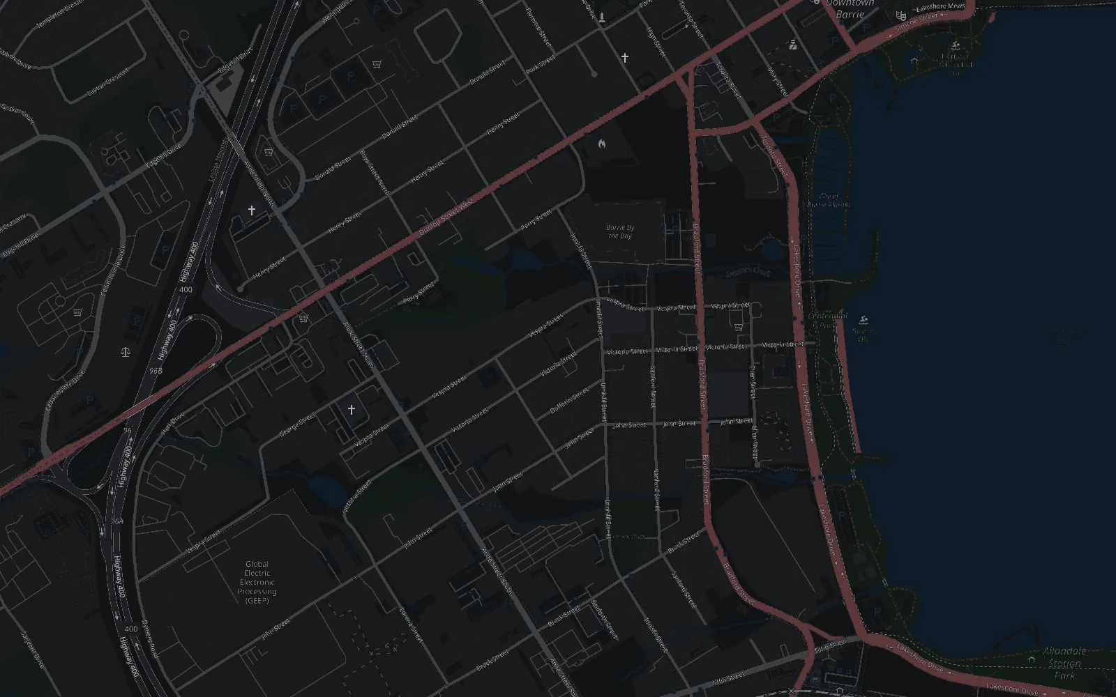 Street map of central Barrie with Dempster's marked on Victoria Street